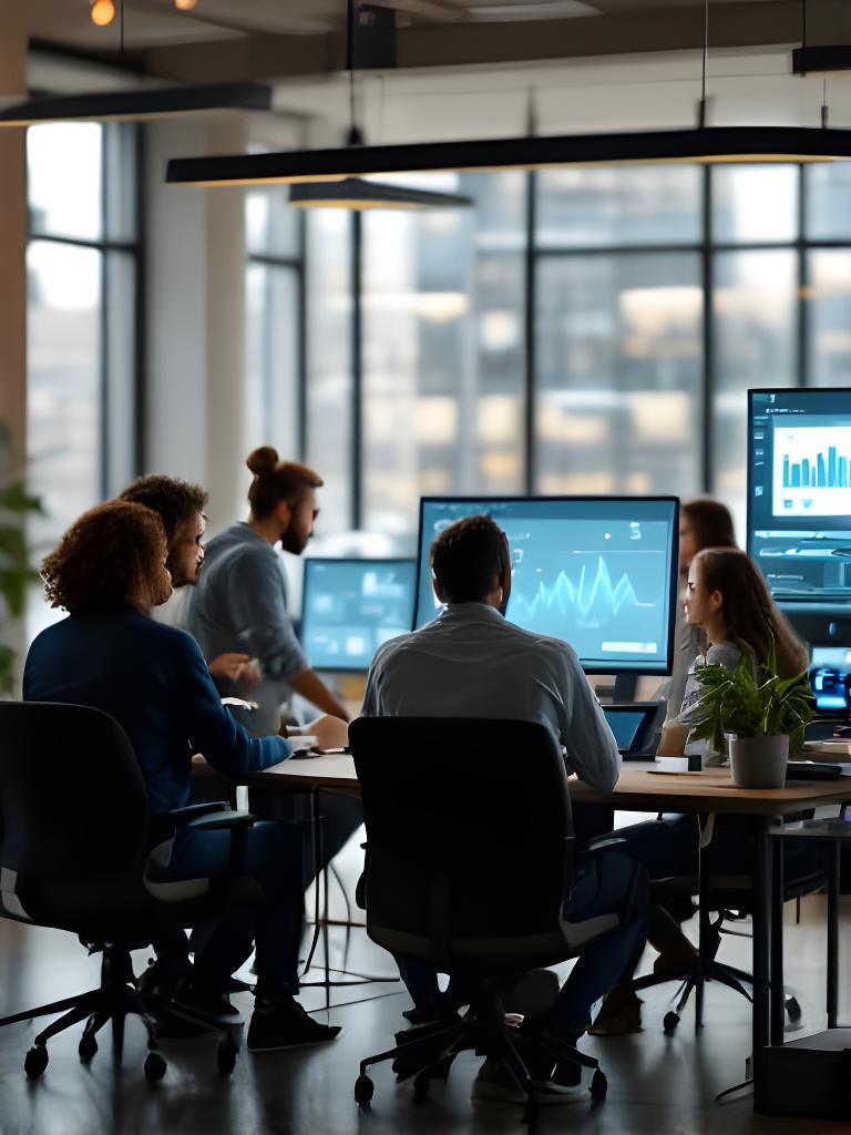 Small team collaborating around dashboard screens in a London office near the river