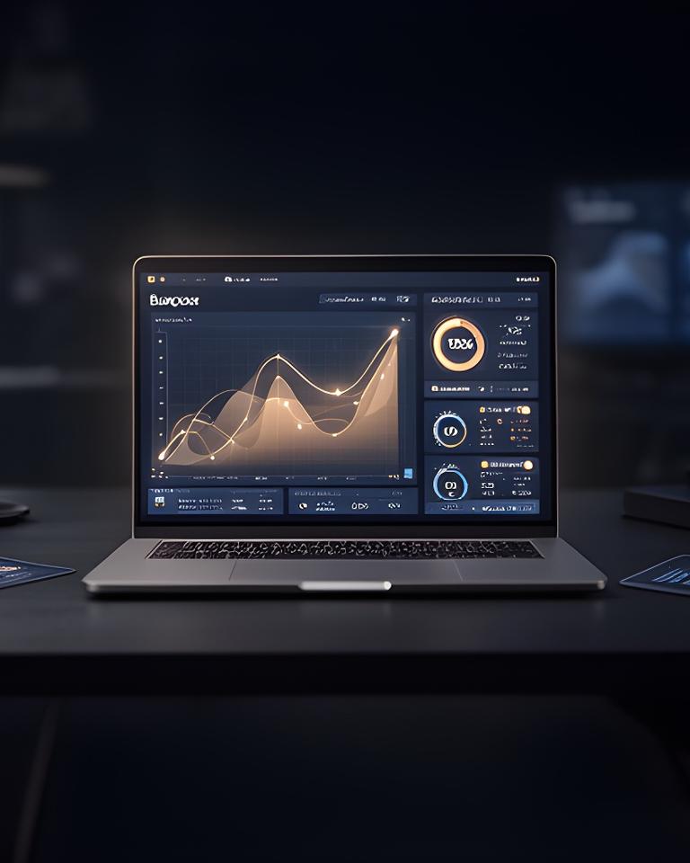 Sleek laptop on a dark desk showing an interactive AI dashboard with charts, trend lines and highlighted performance metrics
