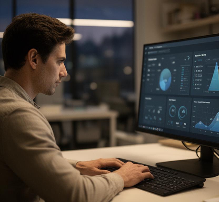 Analyst reviewing privacy-safe dashboard metrics in a modern London office with soft evening light