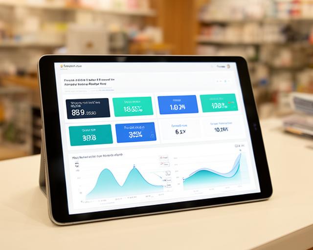 Tablet on a shop counter showing a live retail sales dashboard with revenue charts and stock alerts
