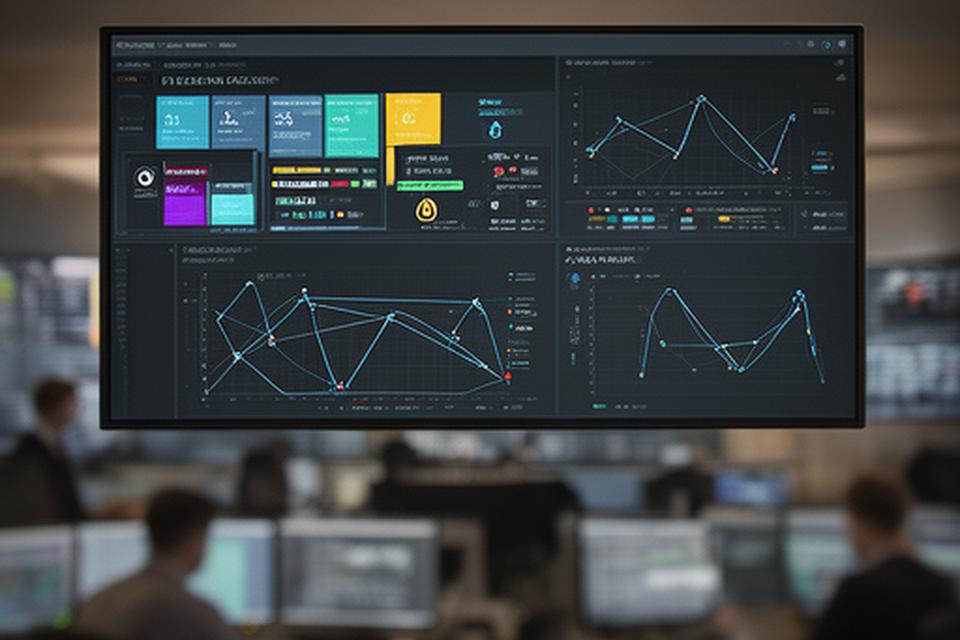 Fleet control dashboard on a large monitor showing live routes, on-time delivery rate and exception alerts in a London operations room